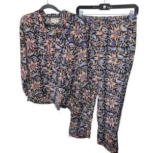MILLE RESORT & TRAVEL CELESTE Sz M Floral Hand Block Printed 2pc Boho Pajama Set